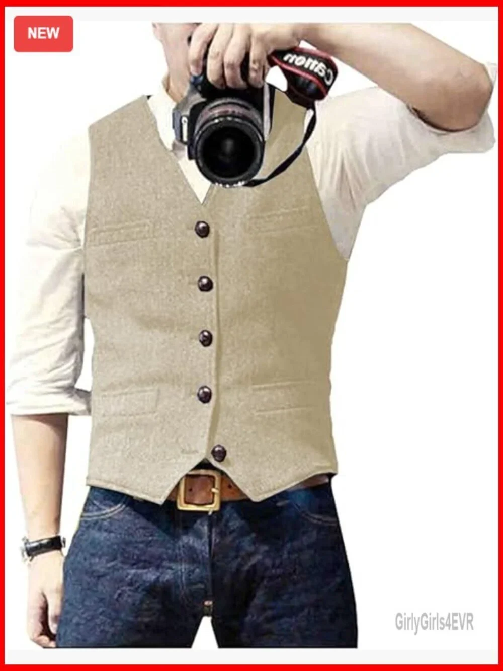 Slim Fit Wool Tweed Vest V-Neck 5 Button Adjustable Back Strap